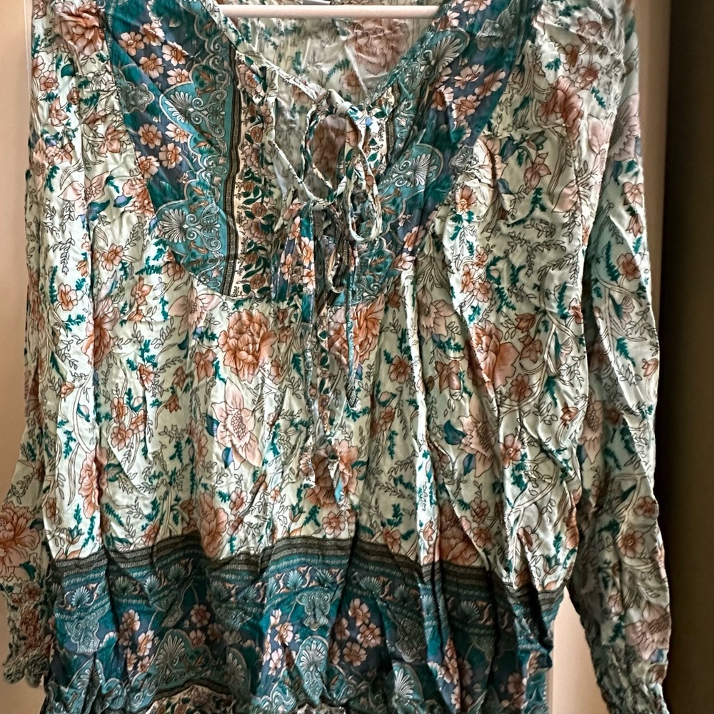 Bohemian Floral Lace-Up Blouse Plus 1x Teal